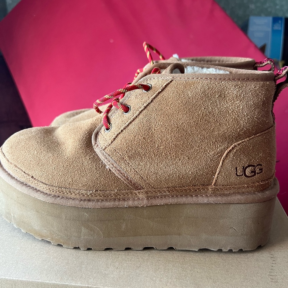 UGG Tan Suede Platform Ankle Boots with Red Laces